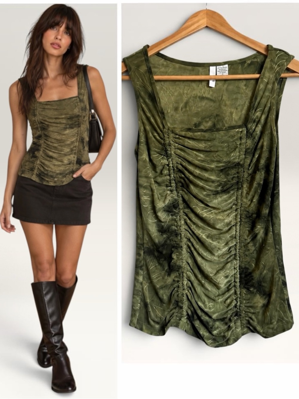 Romantic Y2K Ruched Embroidered Top Square Neck Sleeveless Blouse Olive Green S